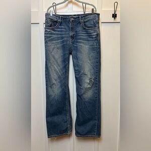 BKE Denim Tyler Men Size 36 L Long Jeans Dark Wash Straight Leg Distressed Dirty